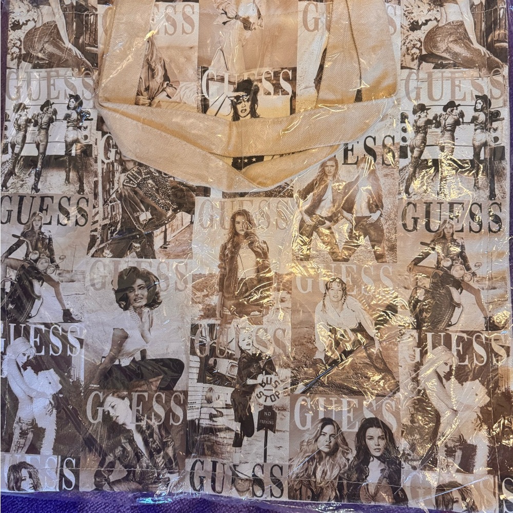 Guess Beige & Brown Collage Logo Tote - Picture 2 of 4